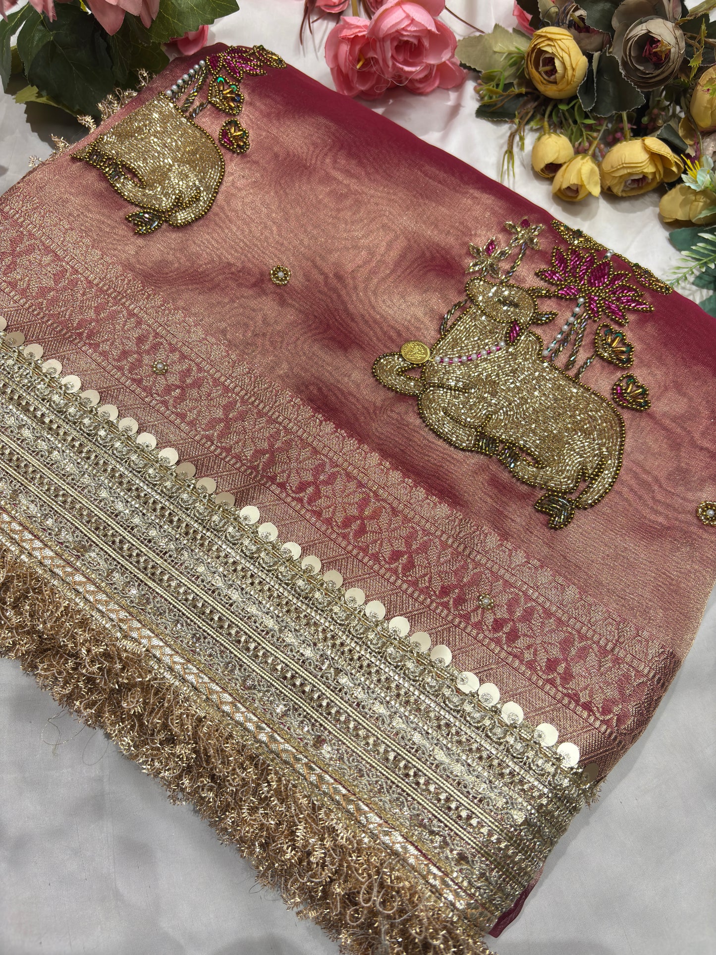 Handcrafted Nandi Motif Designer Saree with Zari Border & Sequin Work