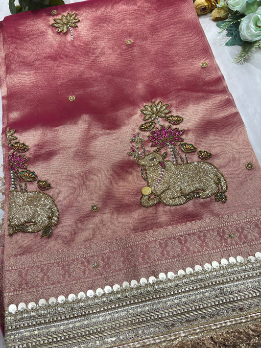Handcrafted Nandi Motif Designer Saree with Zari Border & Sequin Work