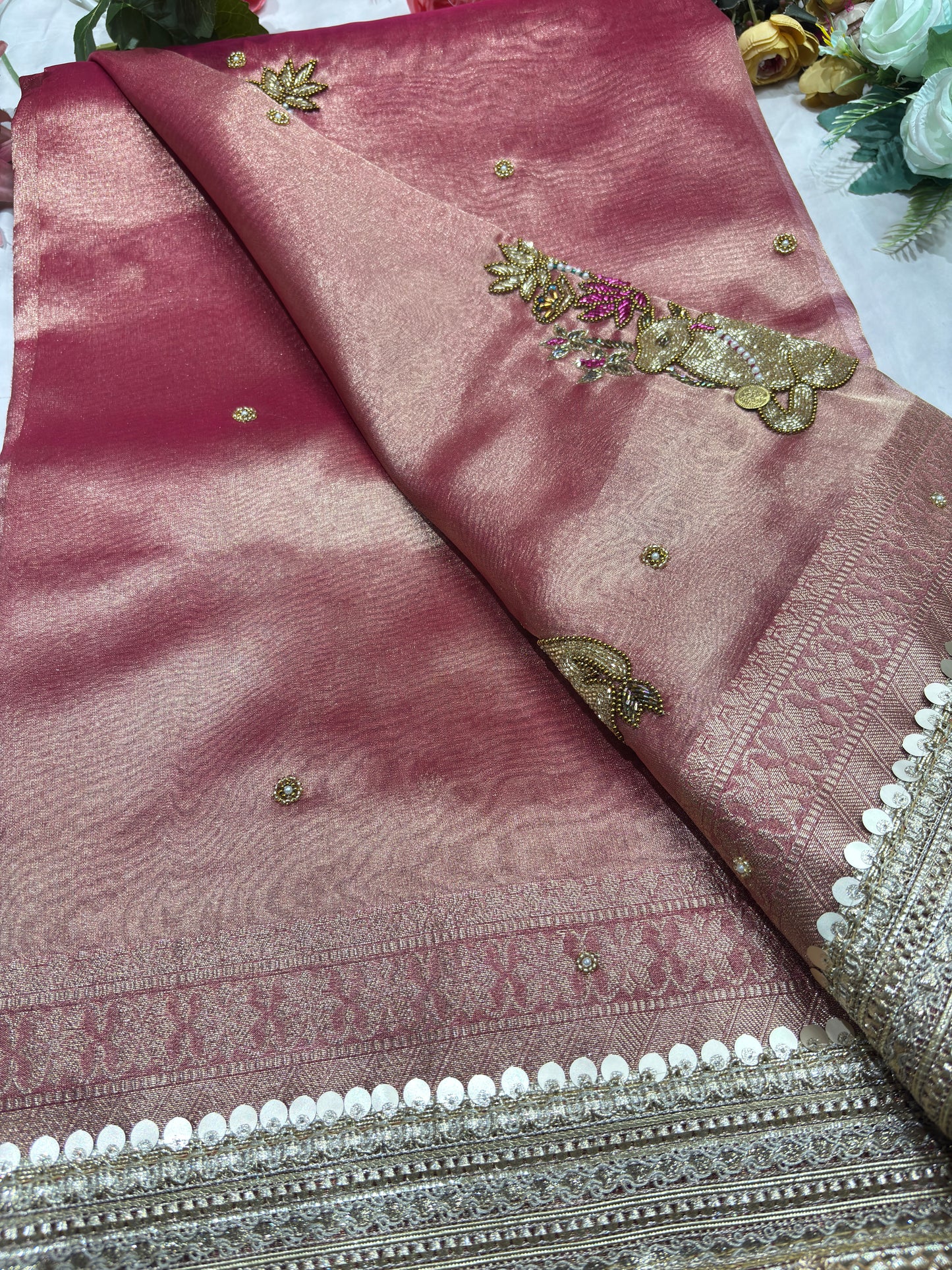 Handcrafted Nandi Motif Designer Saree with Zari Border & Sequin Work