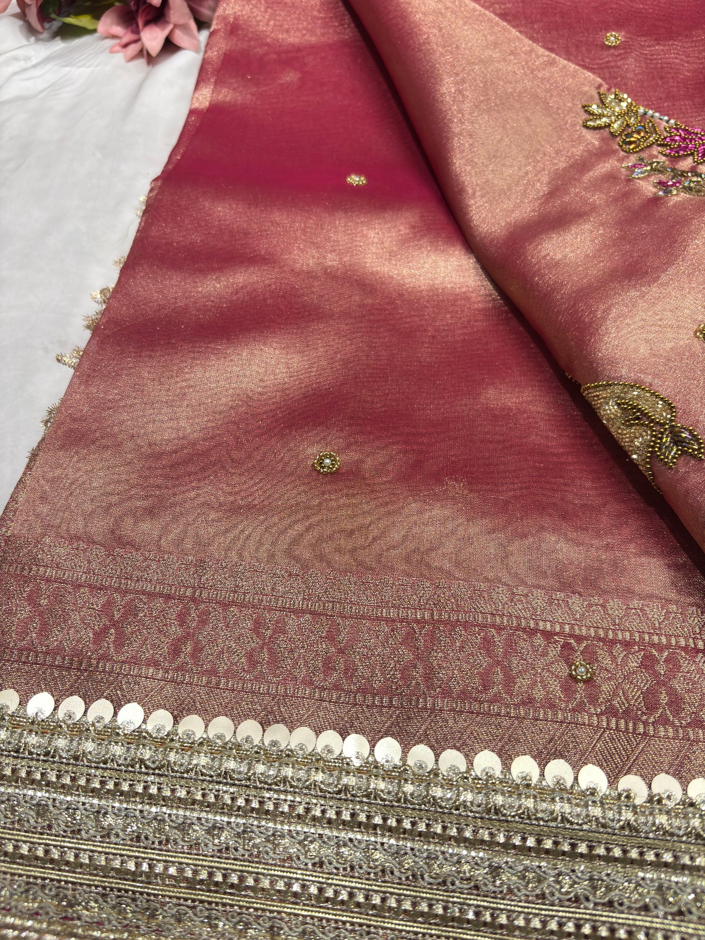 Handcrafted Nandi Motif Designer Saree with Zari Border & Sequin Work