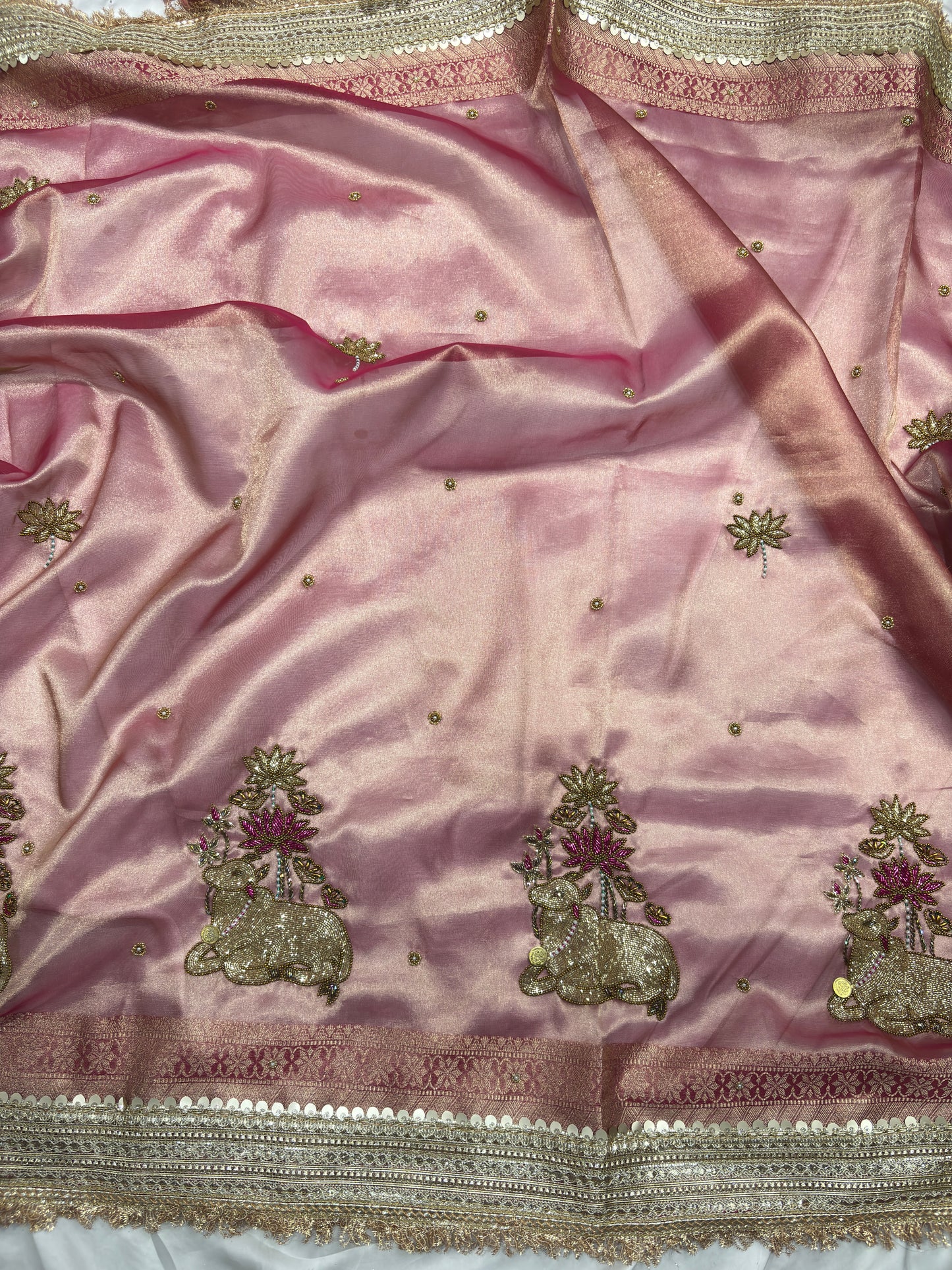 Handcrafted Nandi Motif Designer Saree with Zari Border & Sequin Work
