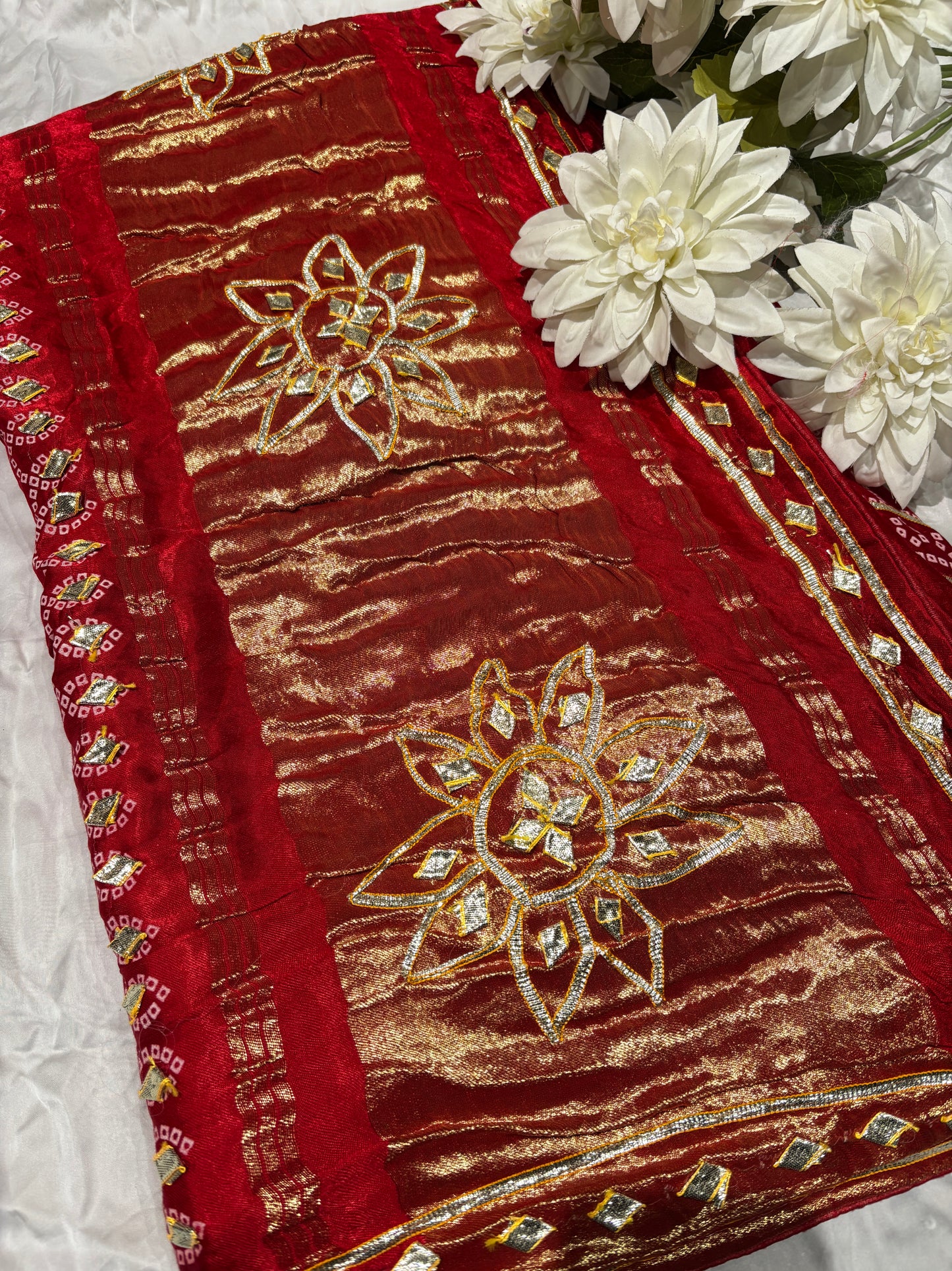 Traditional Red Banarasi Style Saree with Golden Zari Floral Design