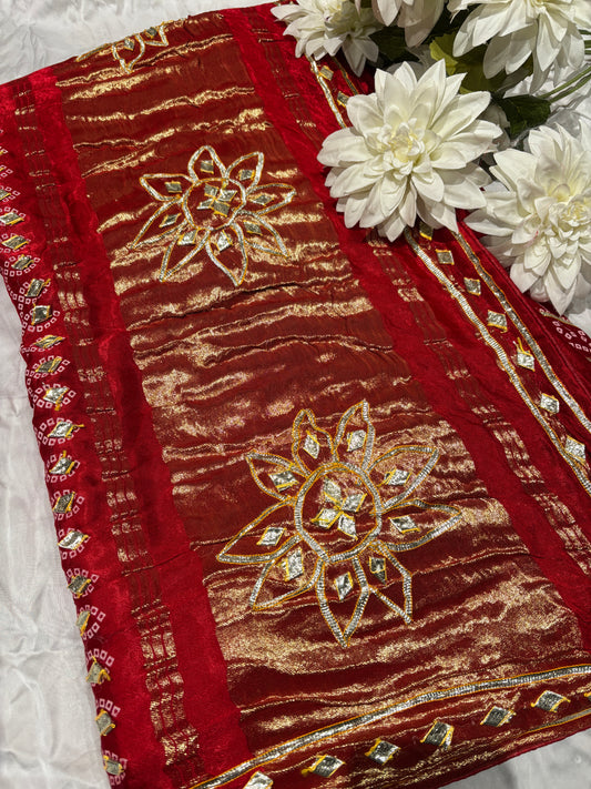 Traditional Red Banarasi Style Saree with Golden Zari Floral Design