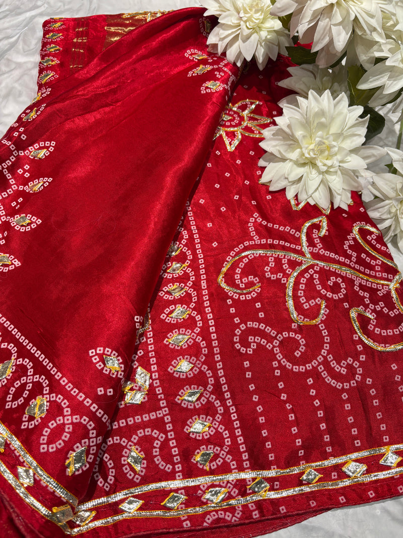 Traditional Red Banarasi Style Saree with Golden Zari Floral Design