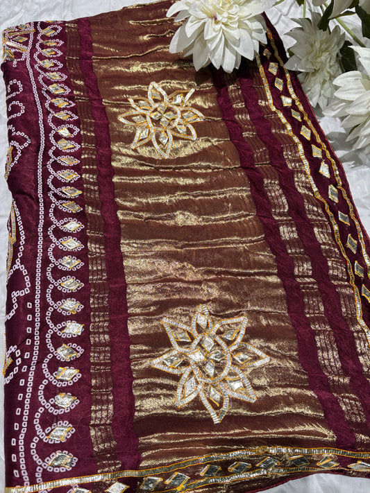 Elegant Maroon Banarasi Style Saree with Golden Zari Floral Weaving