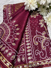 Elegant Maroon Banarasi Style Saree with Golden Zari Floral Weaving