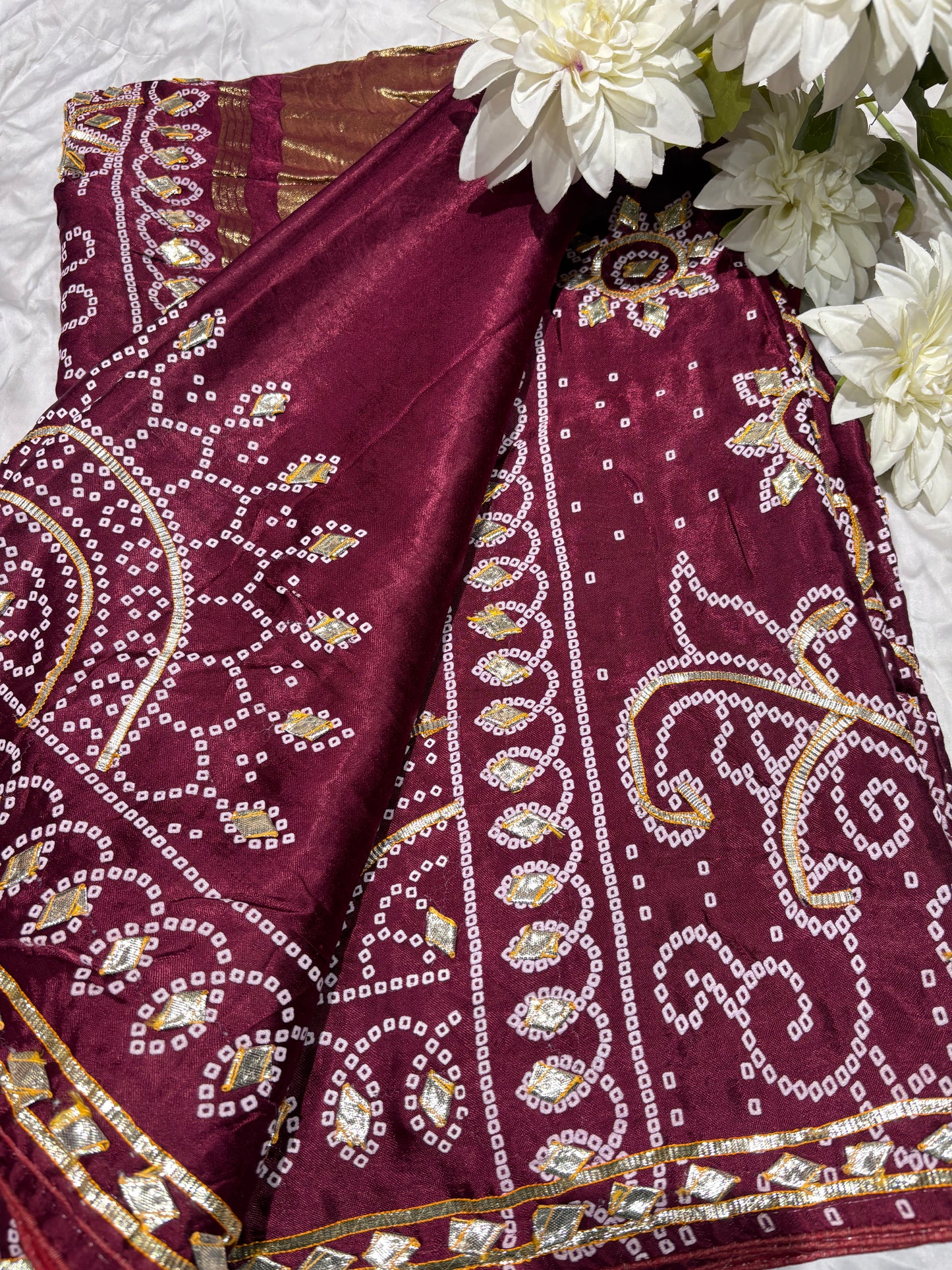 Elegant Maroon Banarasi Style Saree with Golden Zari Floral Weaving