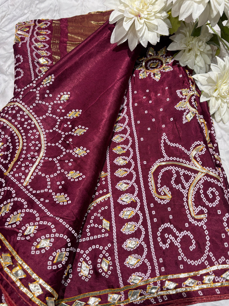 Elegant Maroon Banarasi Style Saree with Golden Zari Floral Weaving