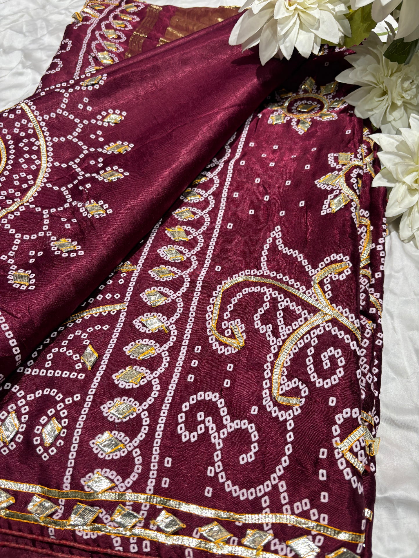 Elegant Maroon Banarasi Style Saree with Golden Zari Floral Weaving