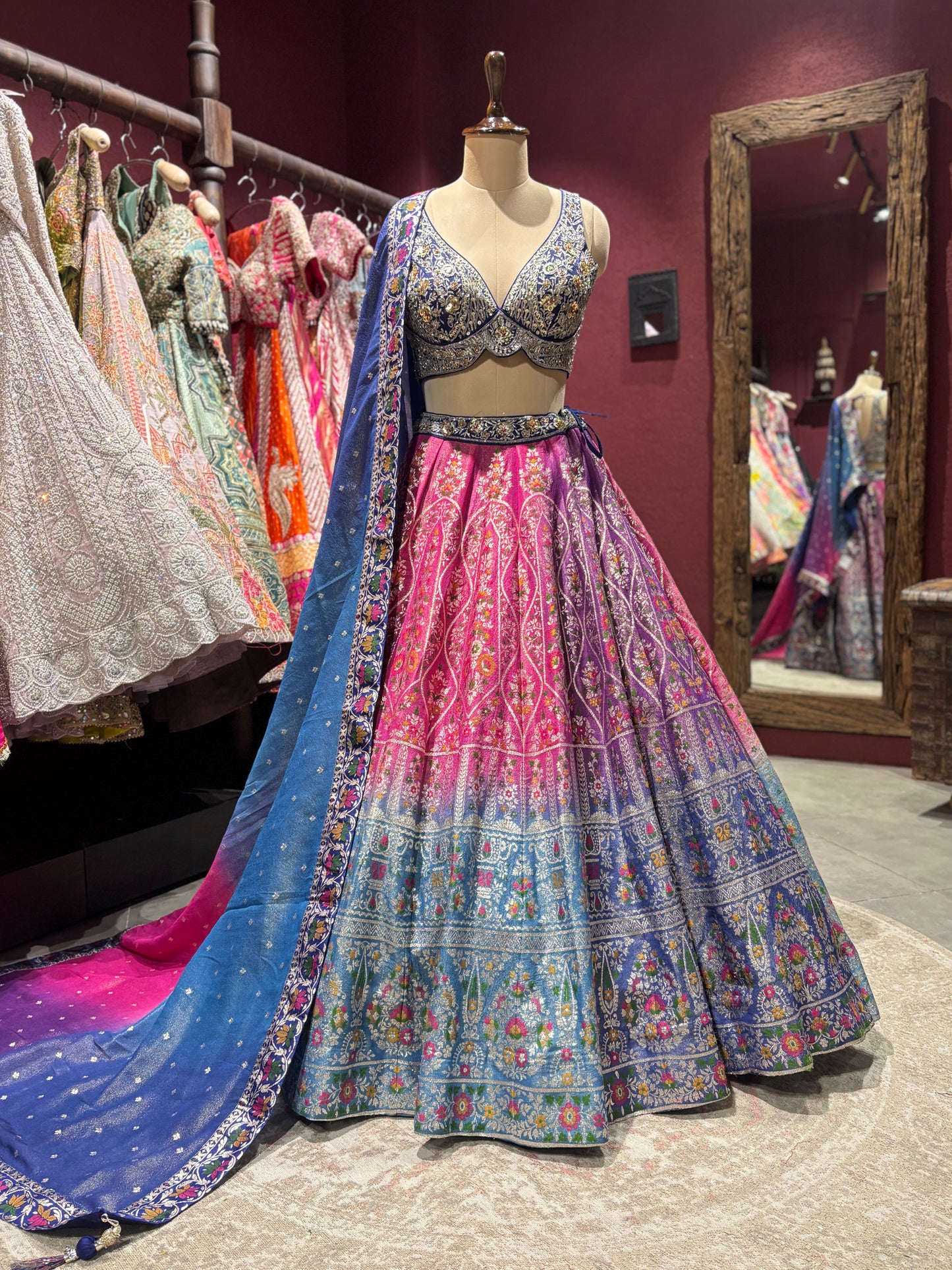 Multicolor Designer Lehenga with Blue Dupatta and Embroidered Blouse