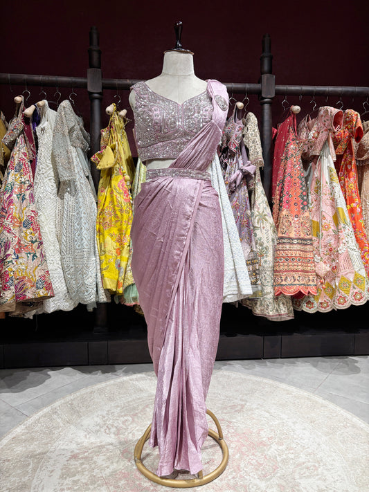 Blush Pink Shimmer Drape Saree with Hand-Embellished Designer Blouse