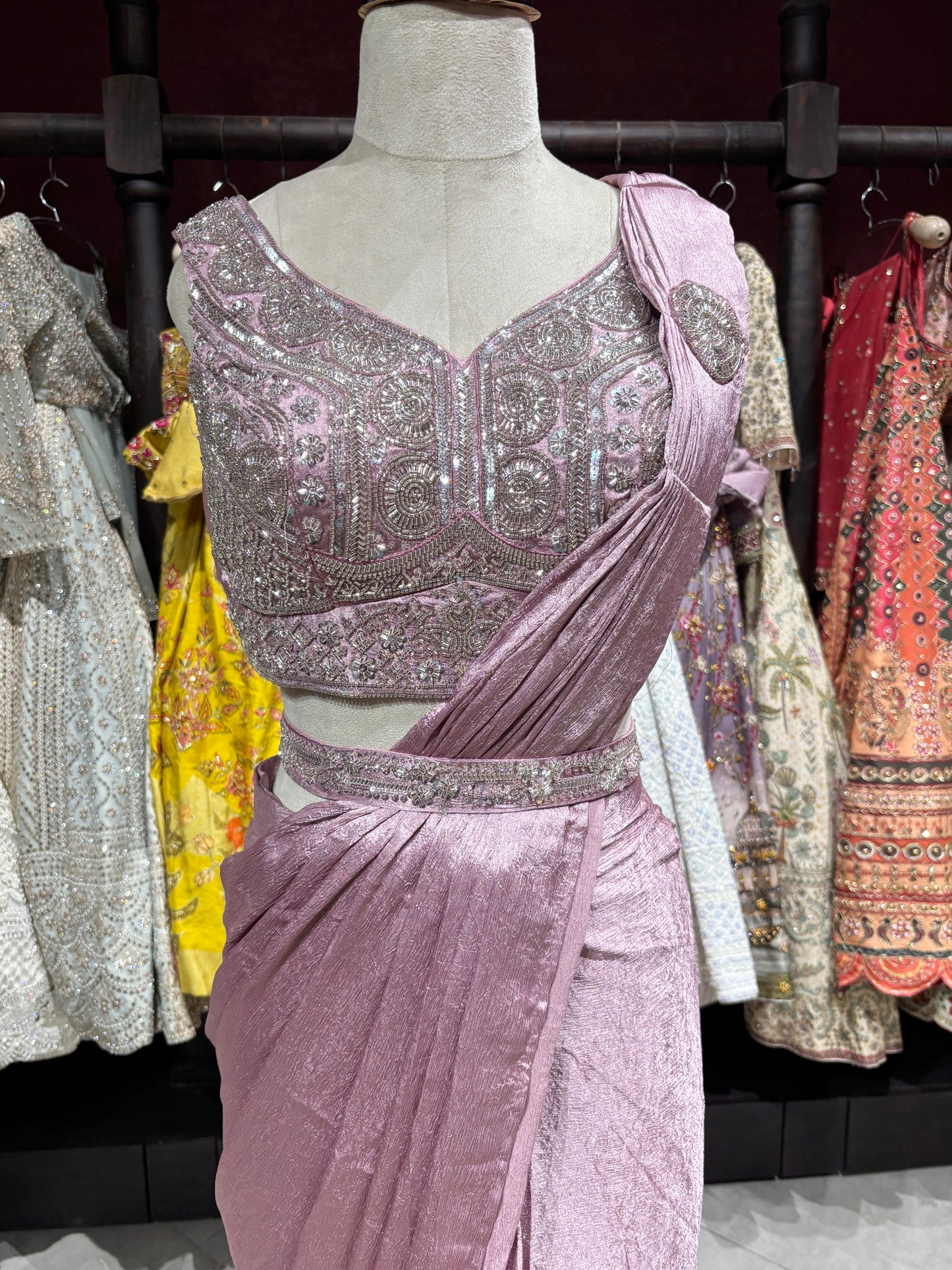 Blush Pink Shimmer Drape Saree with Hand-Embellished Designer Blouse