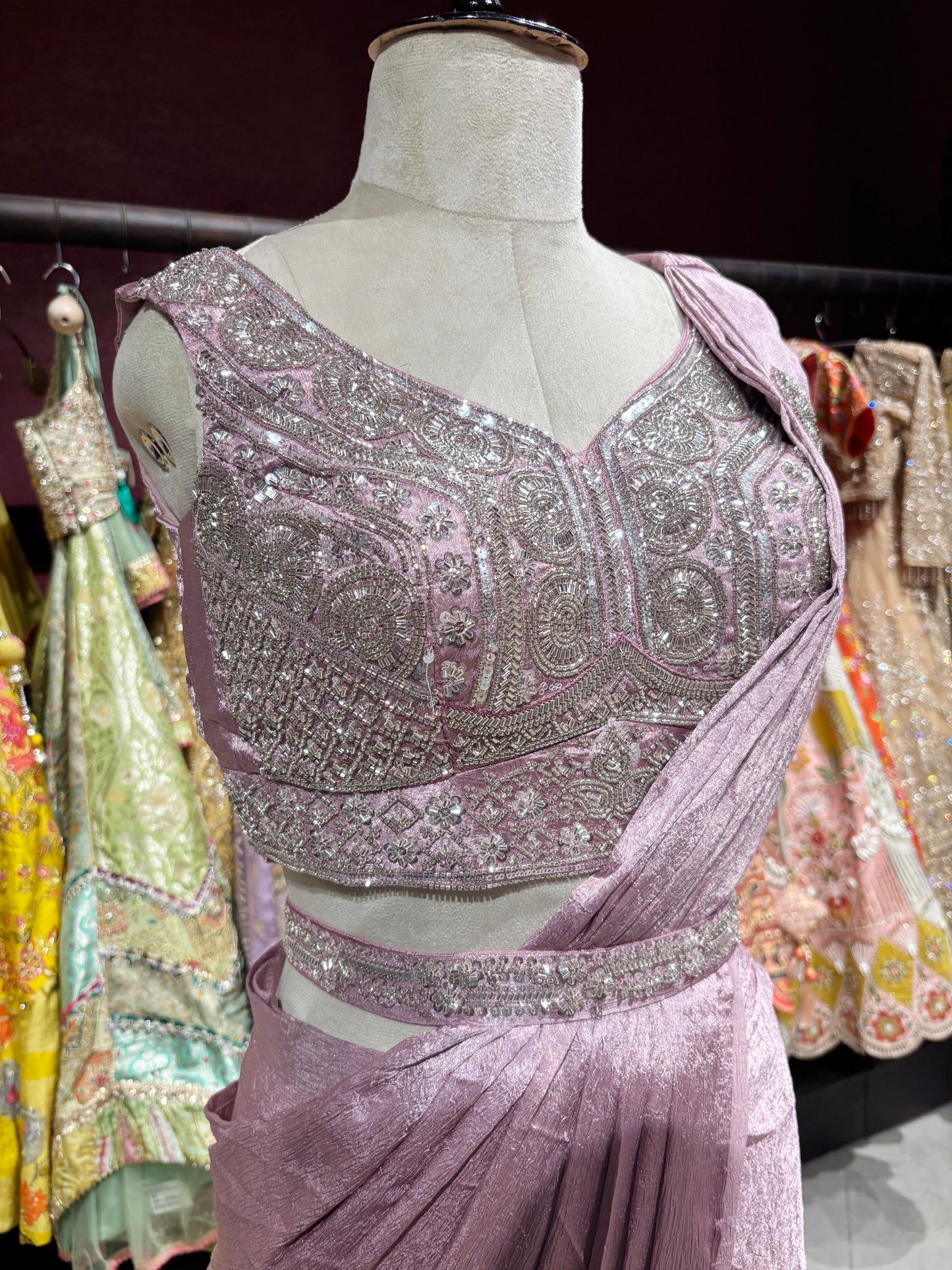 Blush Pink Shimmer Drape Saree with Hand-Embellished Designer Blouse
