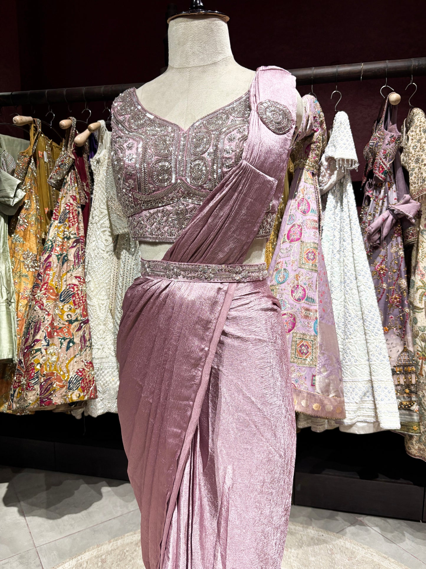 Blush Pink Shimmer Drape Saree with Hand-Embellished Designer Blouse