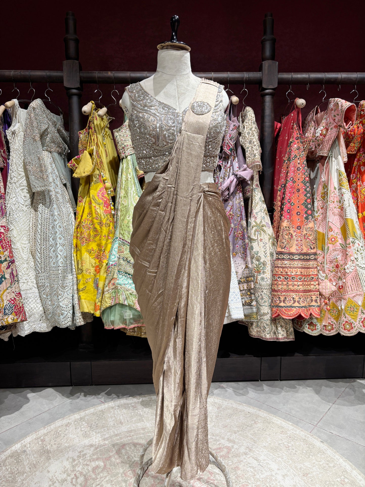 Gold Shimmer Drape Saree with Hand-Embellished Designer Blouse