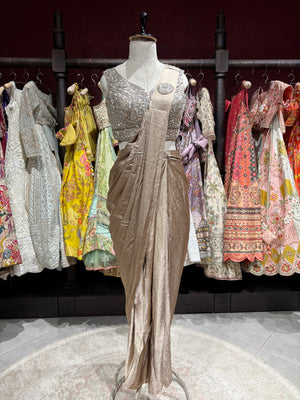 Gold Shimmer Drape Saree with Hand-Embellished Designer Blouse