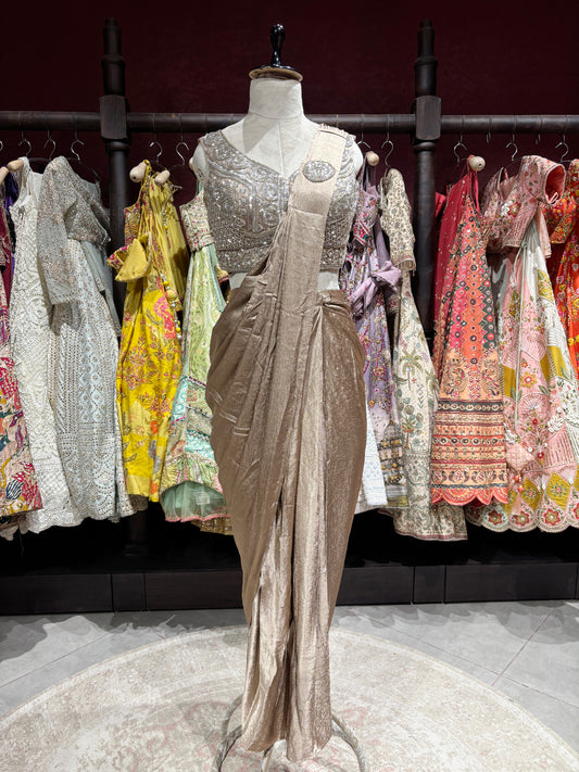 Gold Shimmer Drape Saree with Hand-Embellished Designer Blouse