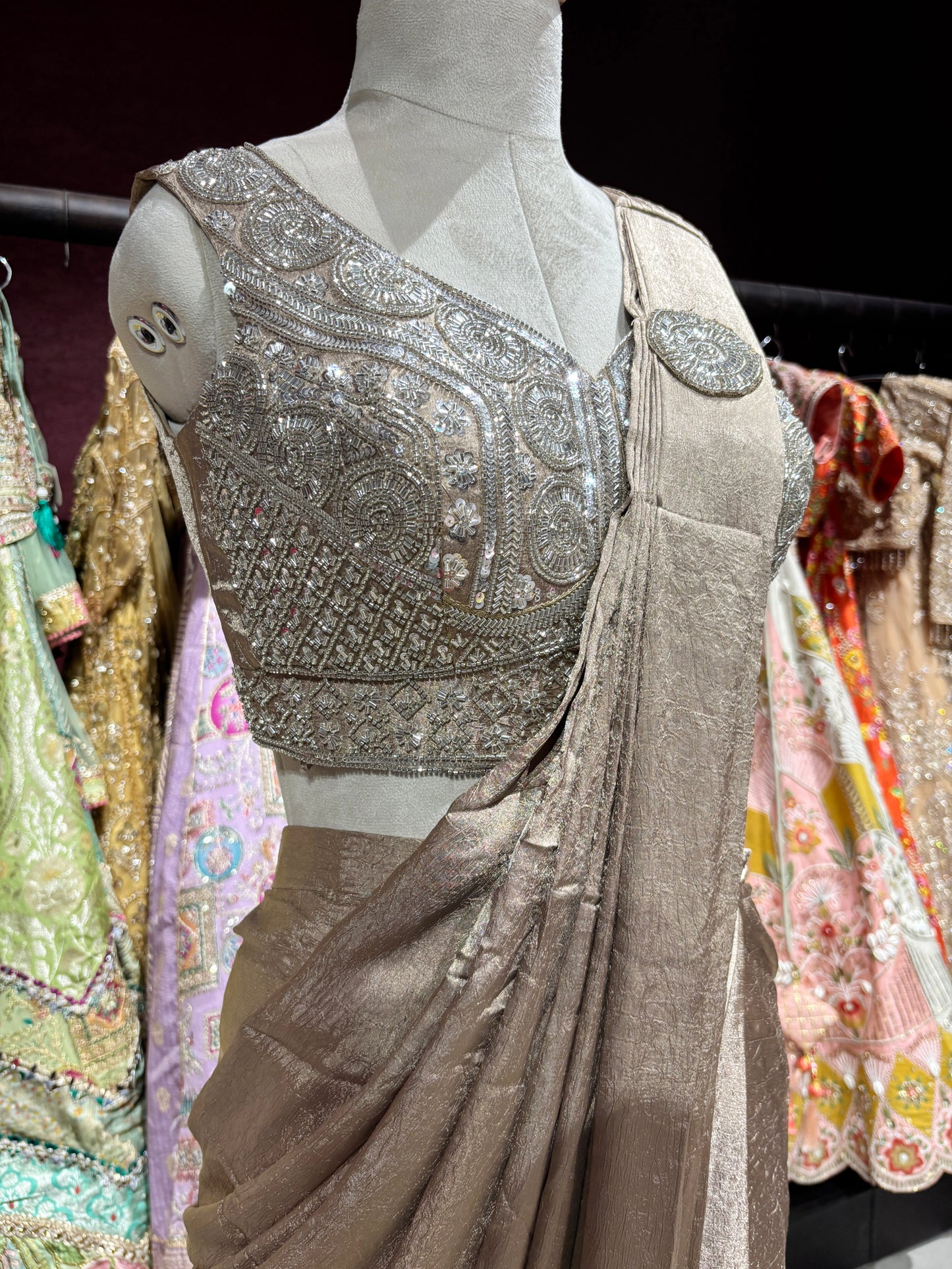 Gold Shimmer Drape Saree with Hand-Embellished Designer Blouse