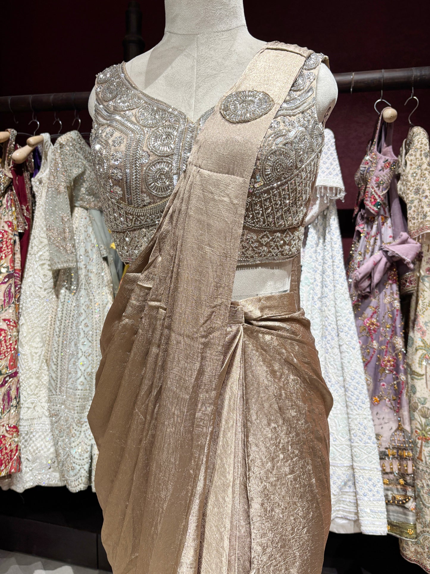 Gold Shimmer Drape Saree with Hand-Embellished Designer Blouse
