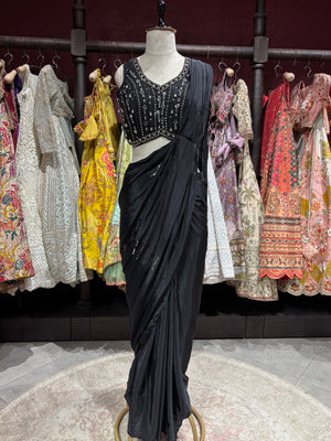 Midnight Black Designer Drape Saree with Mirror Embellished Blouse