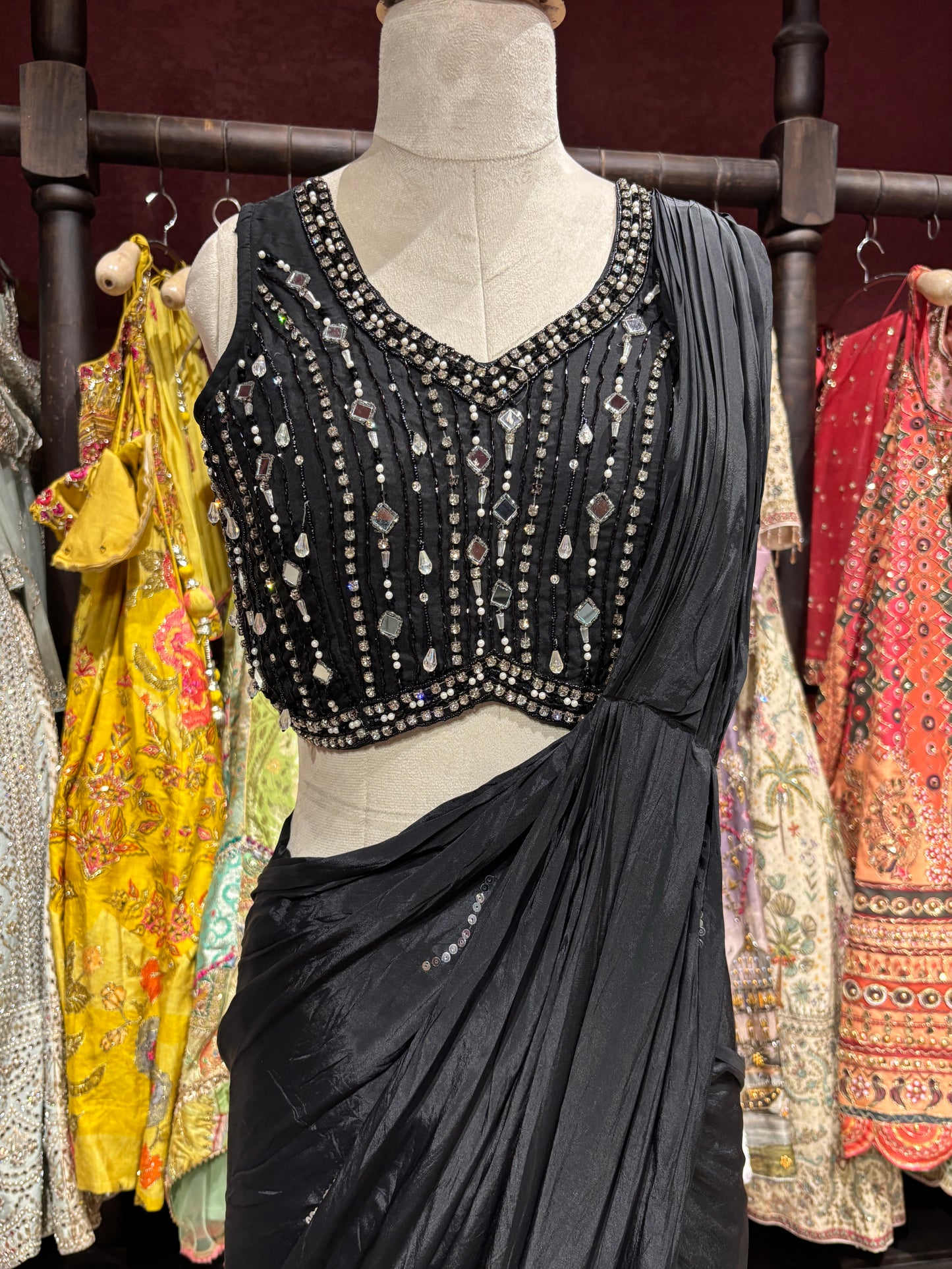 Midnight Black Designer Drape Saree with Mirror Embellished Blouse