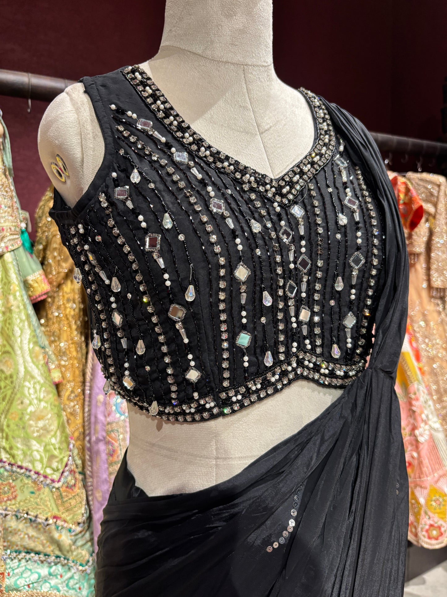 Midnight Black Designer Drape Saree with Mirror Embellished Blouse