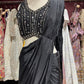 Midnight Black Designer Drape Saree with Mirror Embellished Blouse