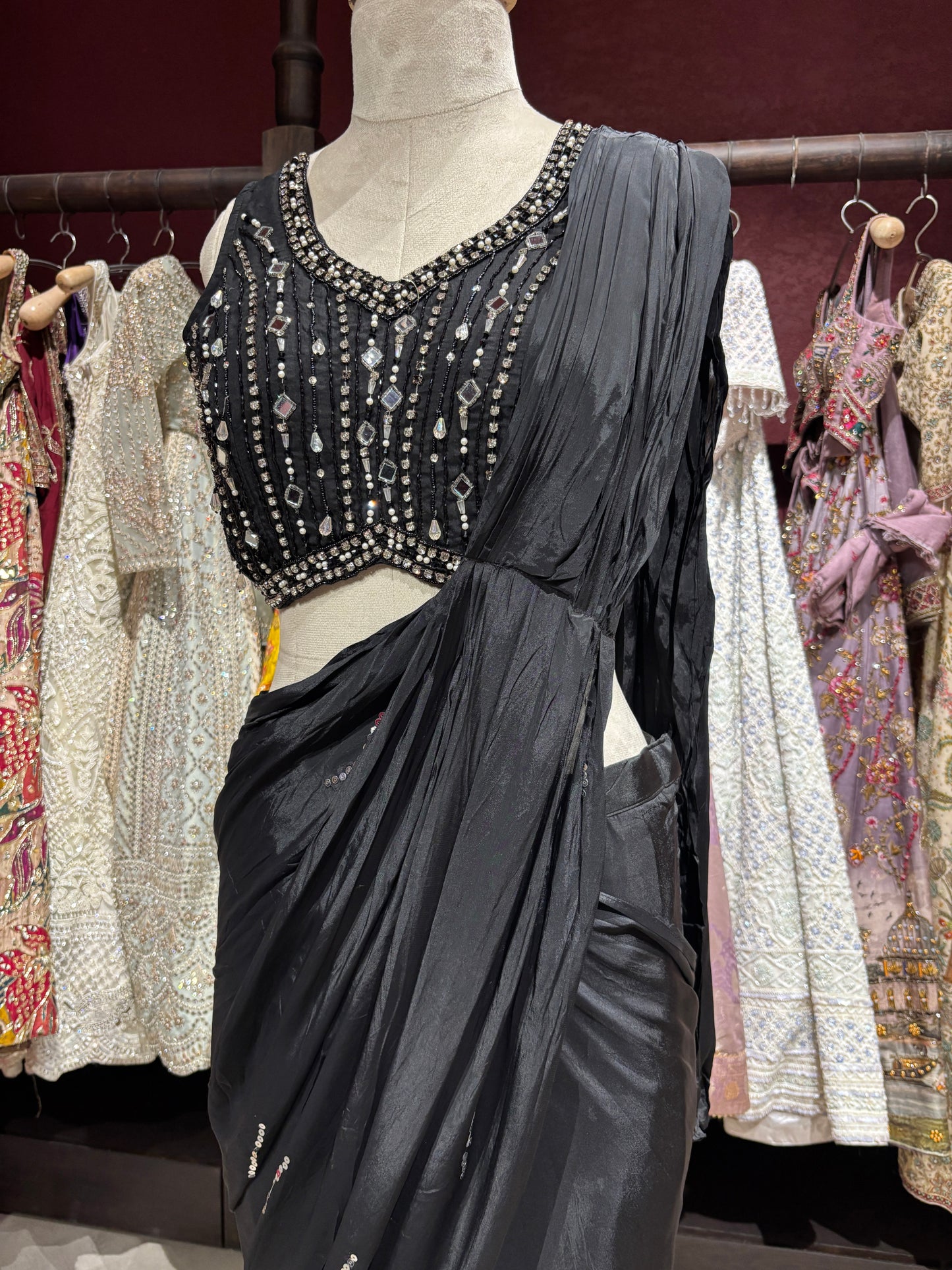 Midnight Black Designer Drape Saree with Mirror Embellished Blouse