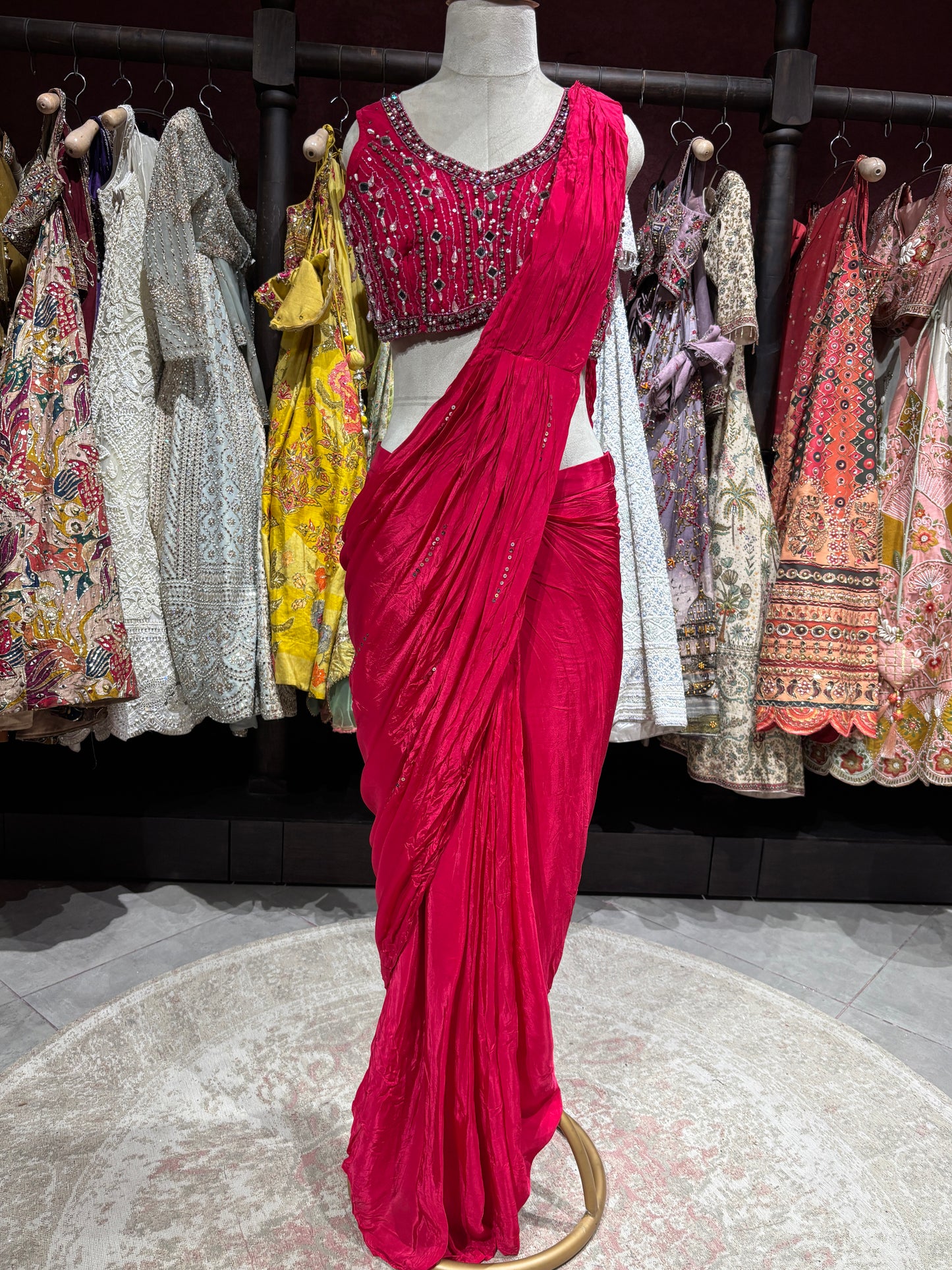 Fuchsia Pink Designer Drape Saree with Mirror Embellished Blouse