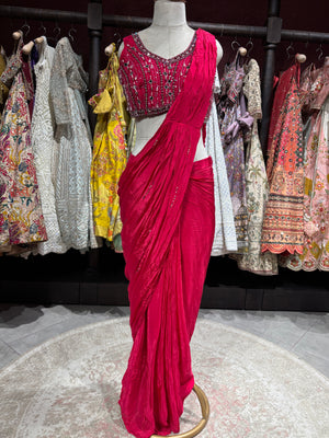 Fuchsia Pink Designer Drape Saree with Mirror Embellished Blouse