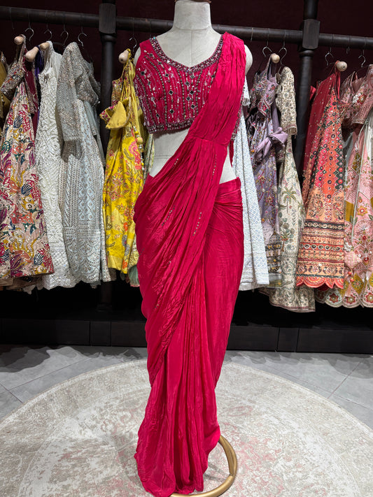 Fuchsia Pink Designer Drape Saree with Mirror Embellished Blouse