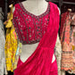 Fuchsia Pink Designer Drape Saree with Mirror Embellished Blouse