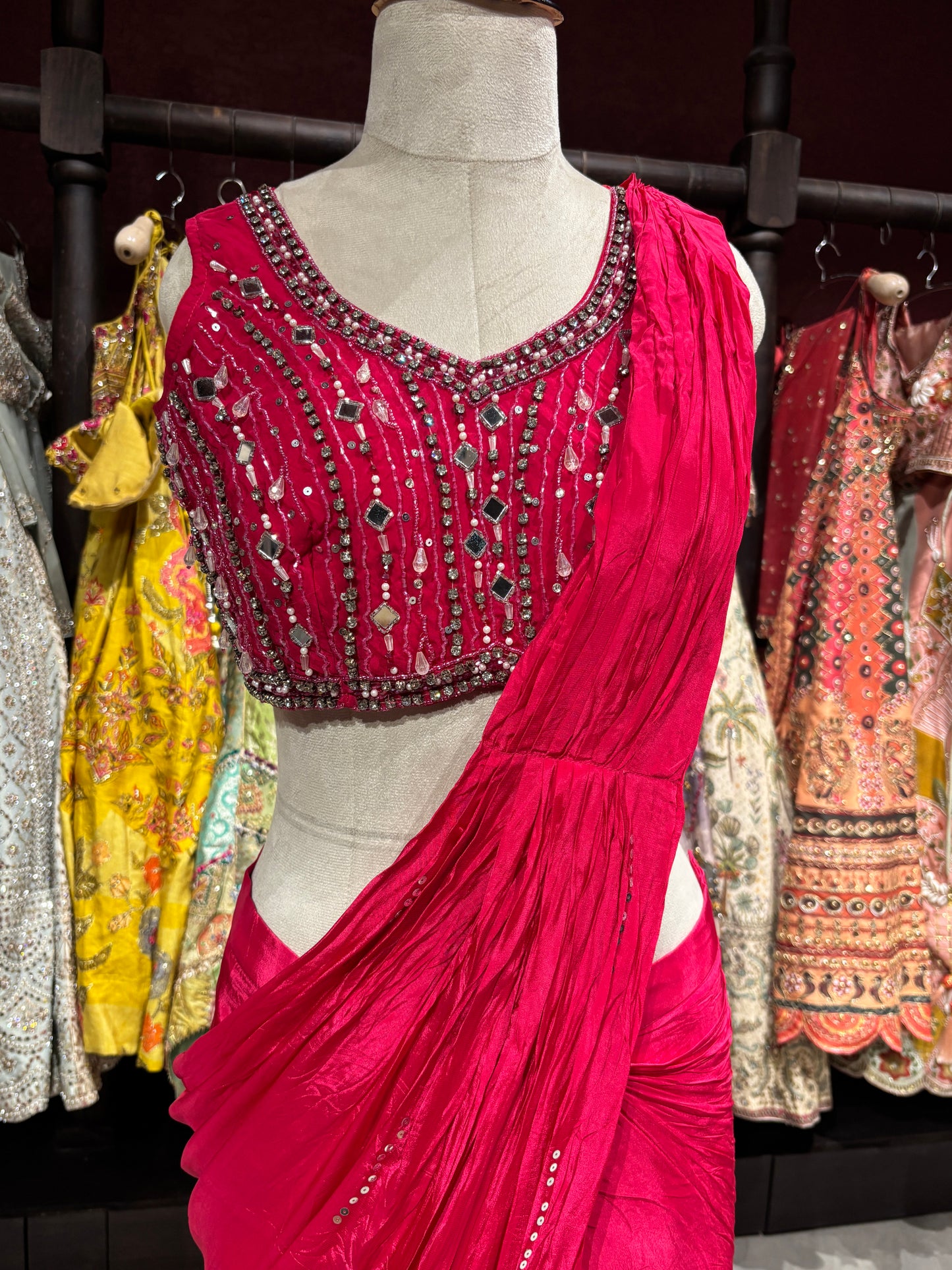 Fuchsia Pink Designer Drape Saree with Mirror Embellished Blouse