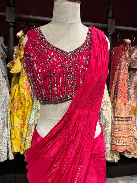 Fuchsia Pink Designer Drape Saree with Mirror Embellished Blouse