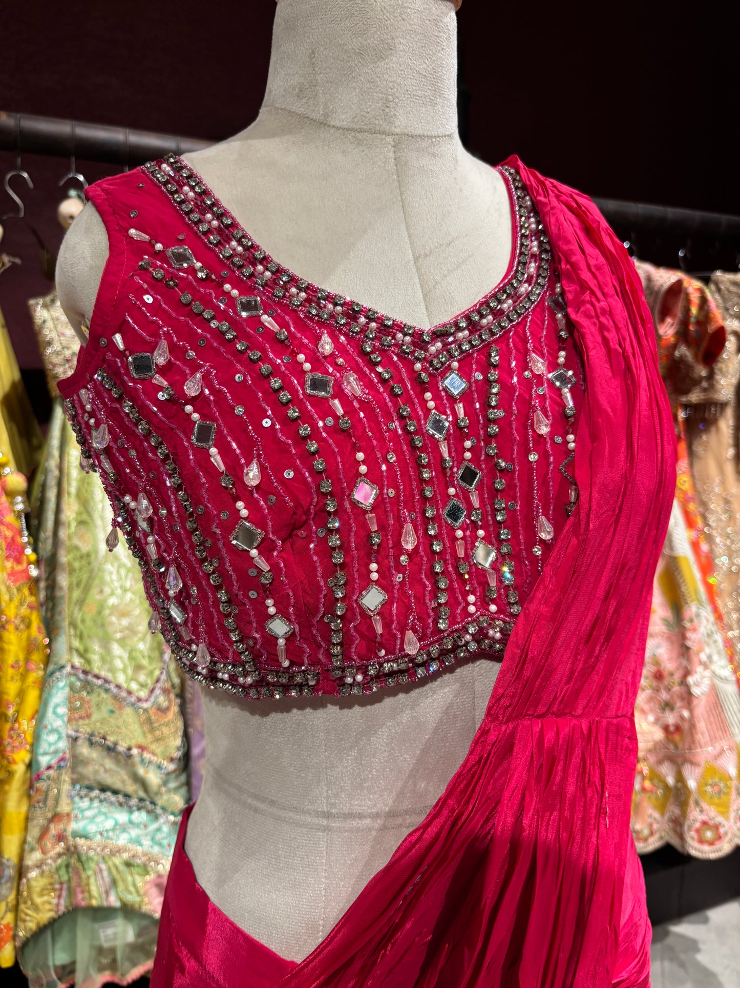 Fuchsia Pink Designer Drape Saree with Mirror Embellished Blouse