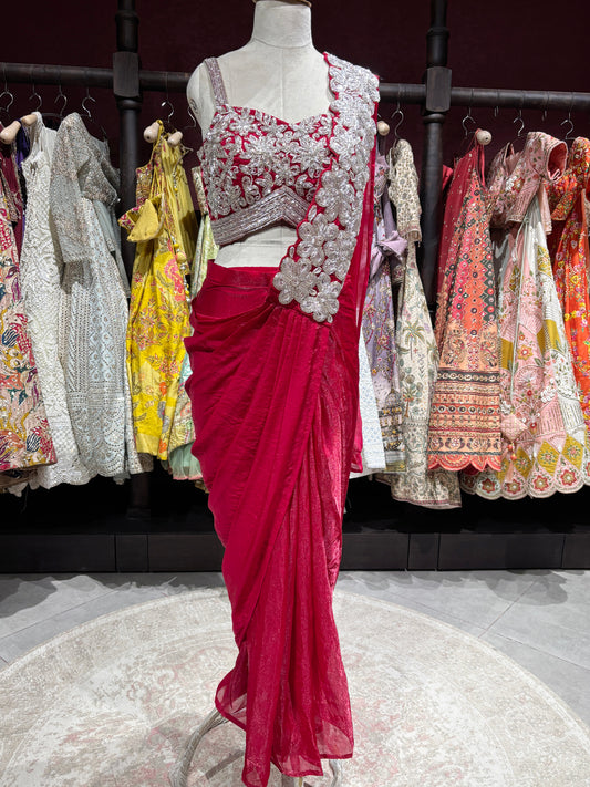 Ruby Pink Designer Drape Saree with Silver Floral Embroidered Blouse