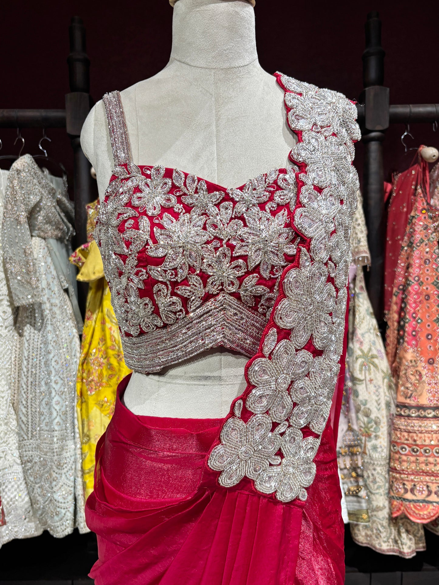 Ruby Pink Designer Drape Saree with Silver Floral Embroidered Blouse