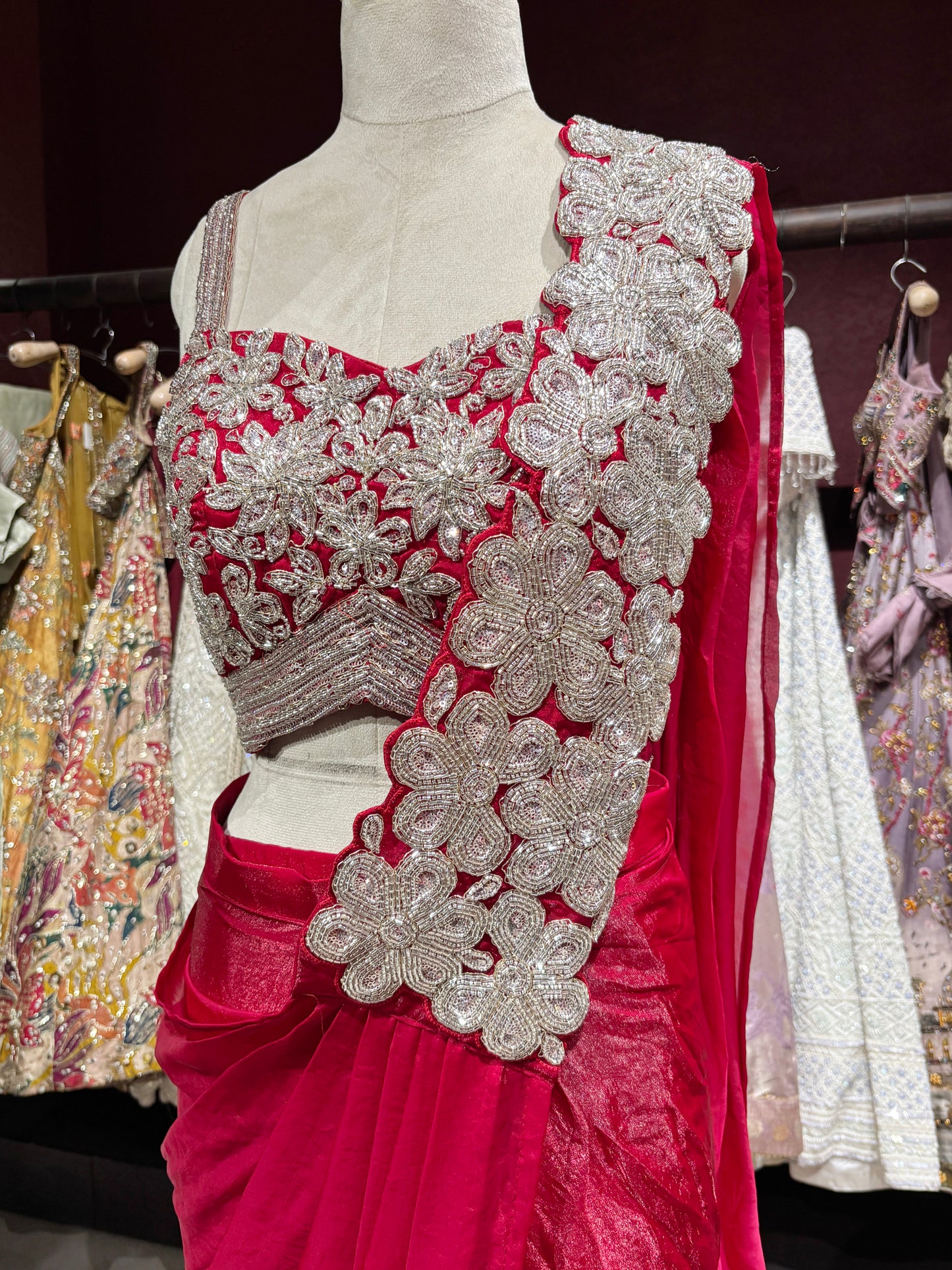 Ruby Pink Designer Drape Saree with Silver Floral Embroidered Blouse