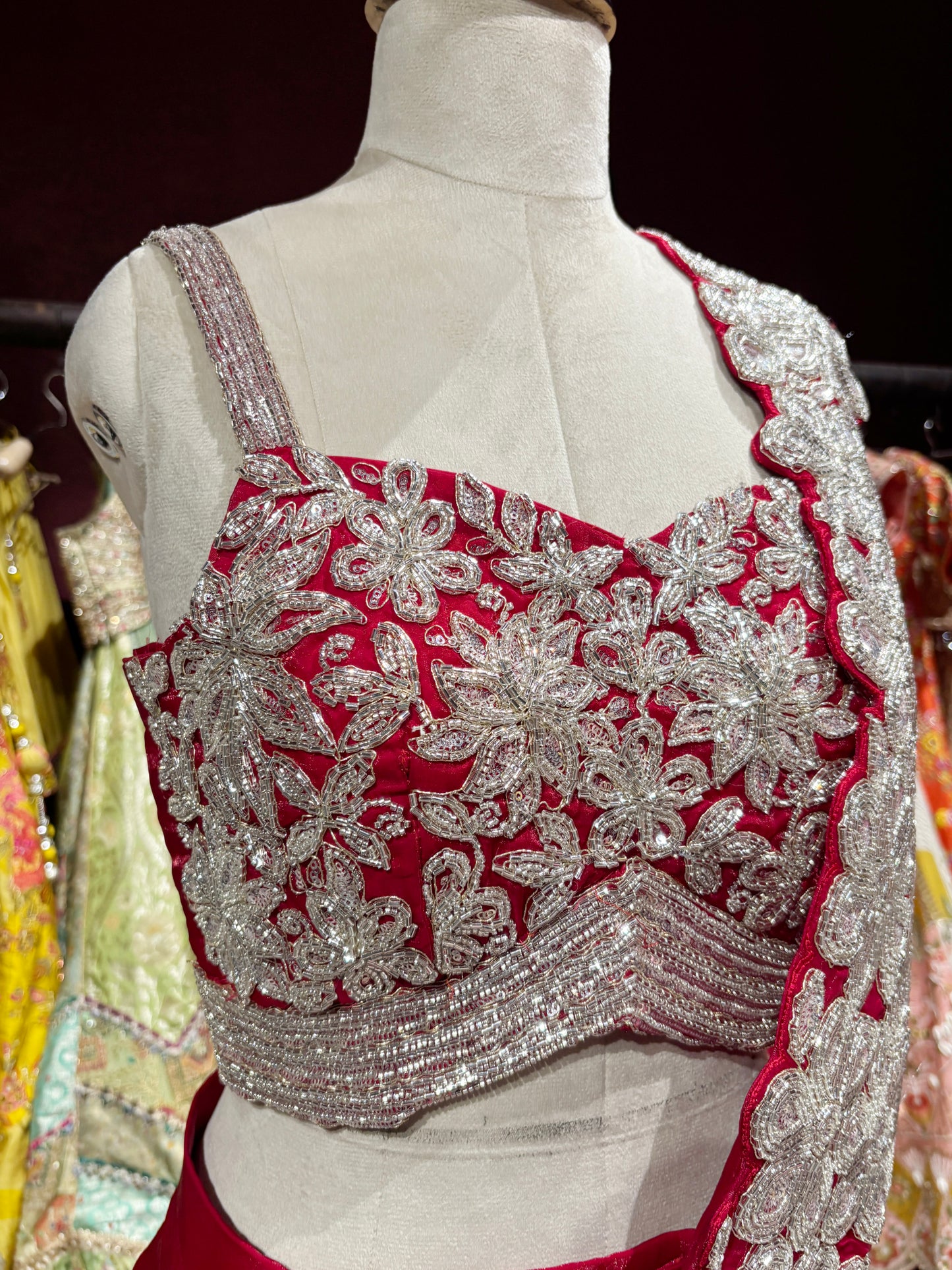 Ruby Pink Designer Drape Saree with Silver Floral Embroidered Blouse