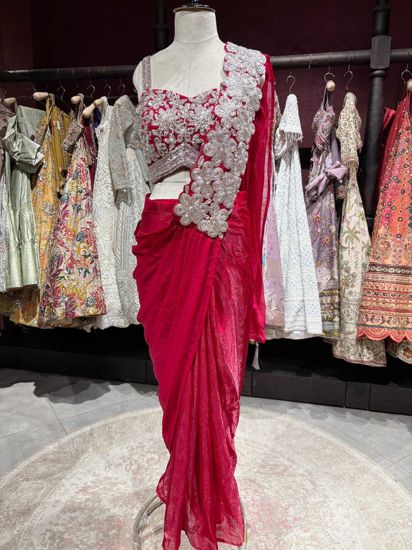 Ruby Pink Designer Drape Saree with Silver Floral Embroidered Blouse