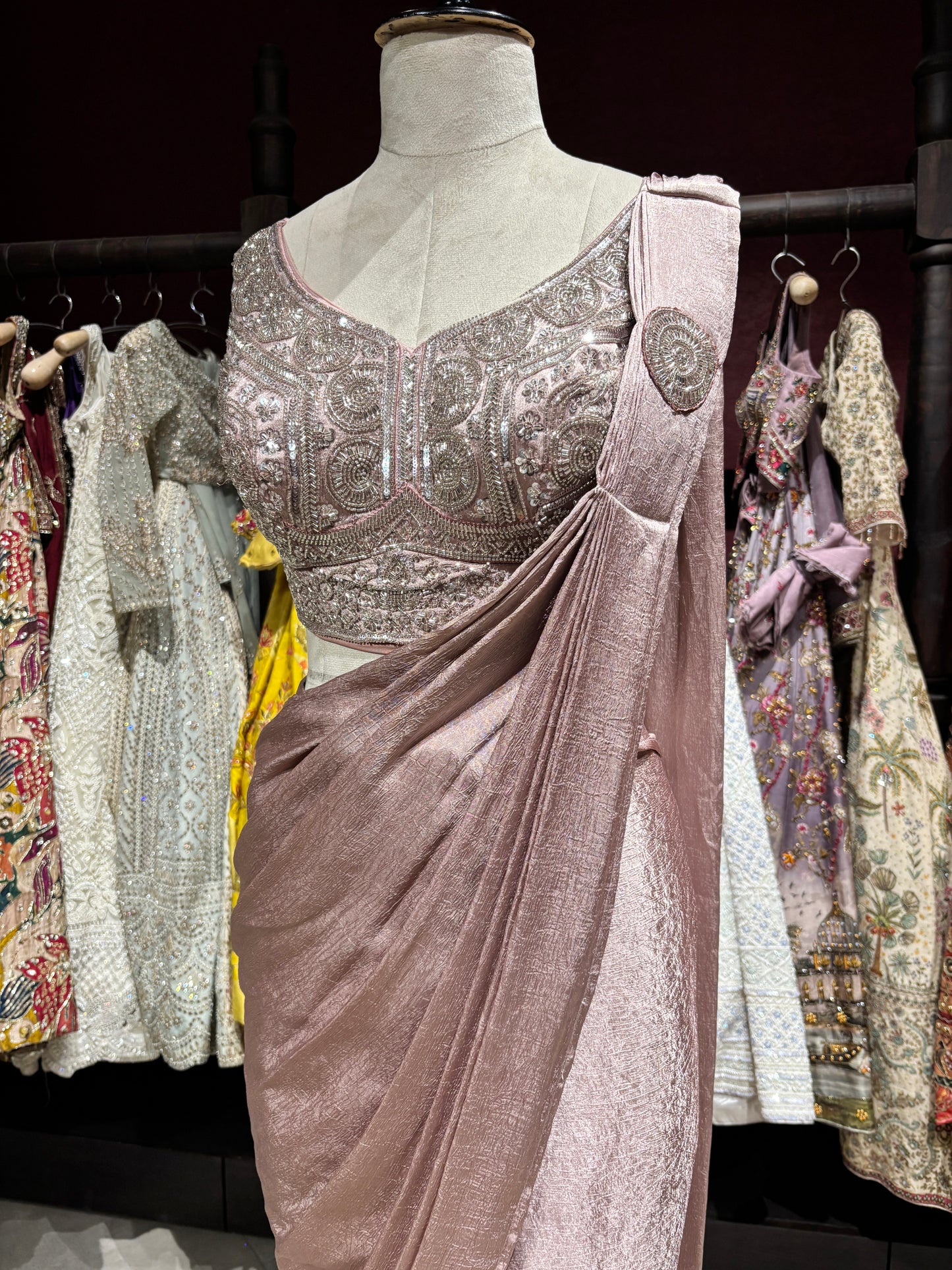 Dusty Rose Shimmer Drape Saree with Hand-Embroidered Designer Blouse