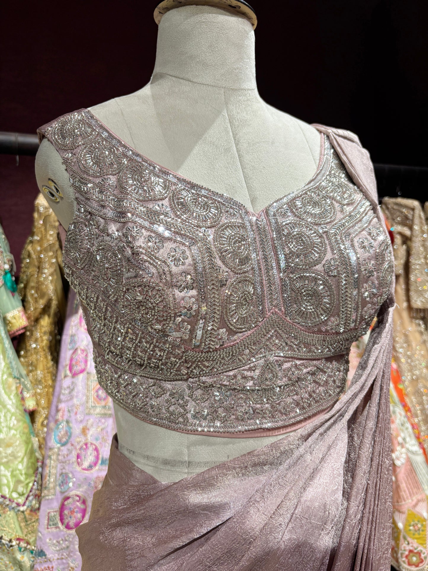 Dusty Rose Shimmer Drape Saree with Hand-Embroidered Designer Blouse