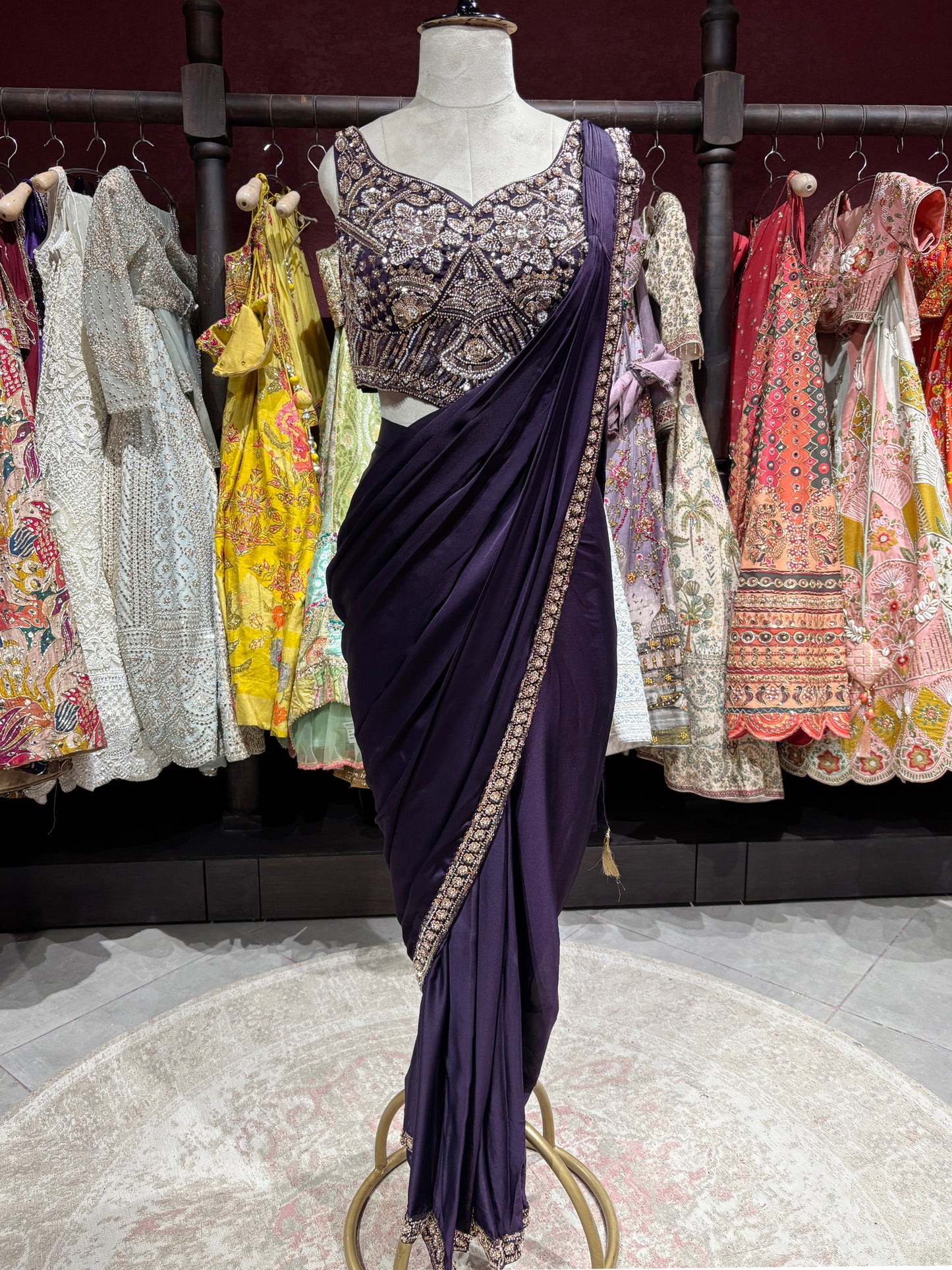Royal Purple Designer Drape Saree with Hand-Embellished Sequin Blouse