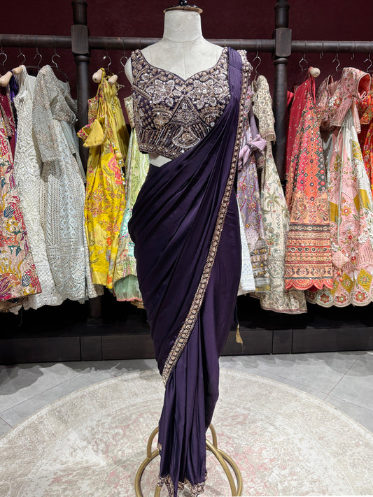 Royal Purple Designer Drape Saree with Hand-Embellished Sequin Blouse