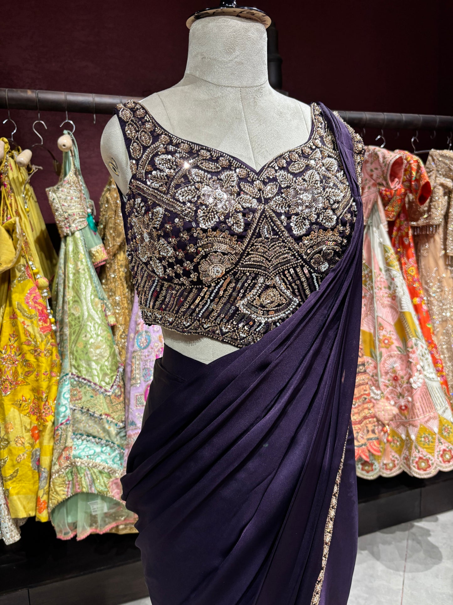 Royal Purple Designer Drape Saree with Hand-Embellished Sequin Blouse