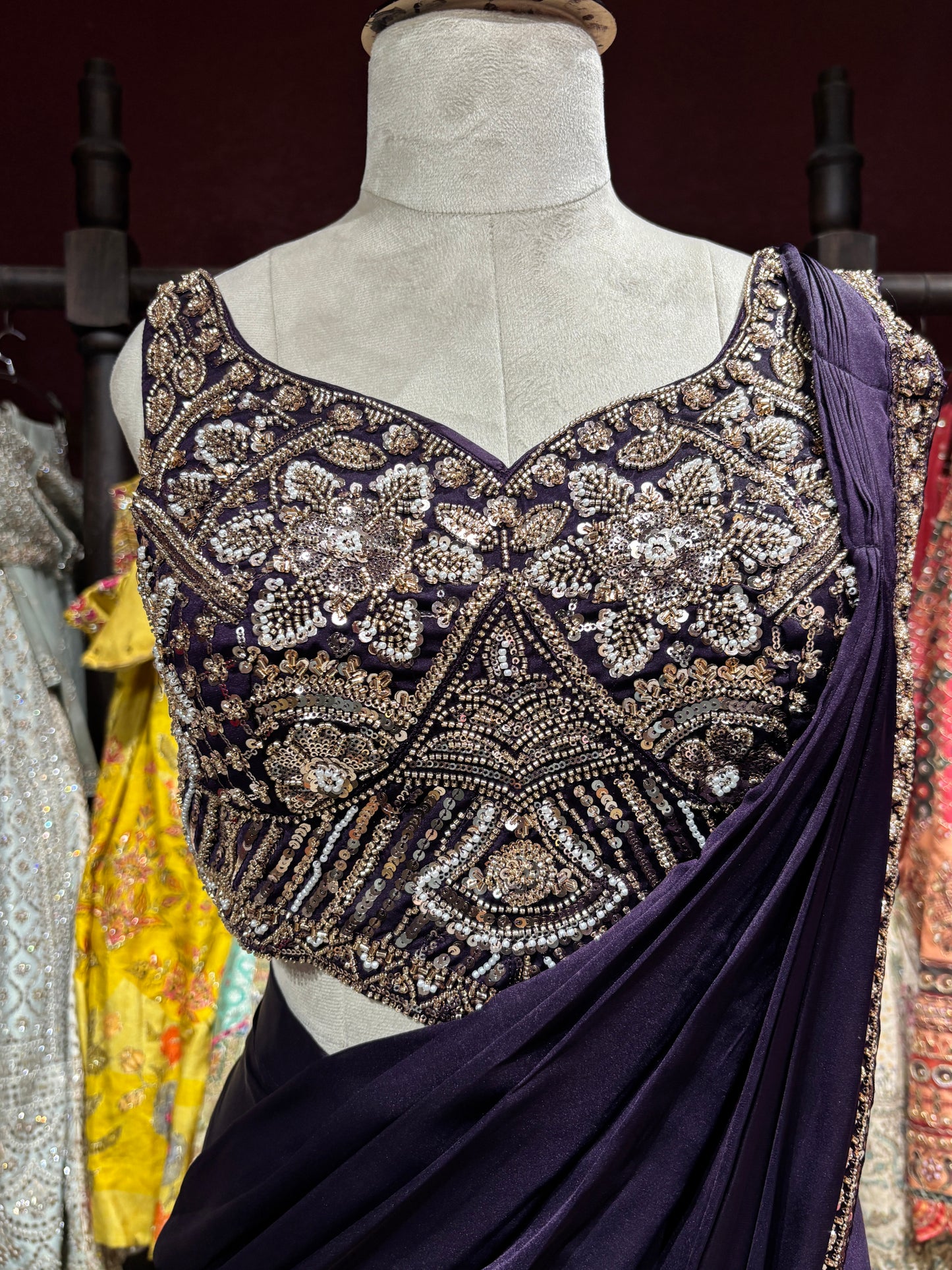 Royal Purple Designer Drape Saree with Hand-Embellished Sequin Blouse