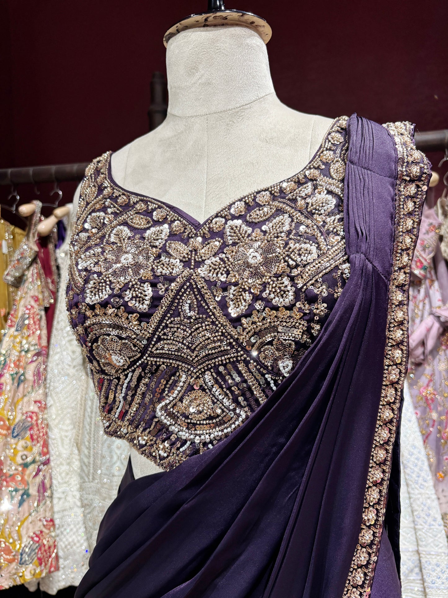 Royal Purple Designer Drape Saree with Hand-Embellished Sequin Blouse