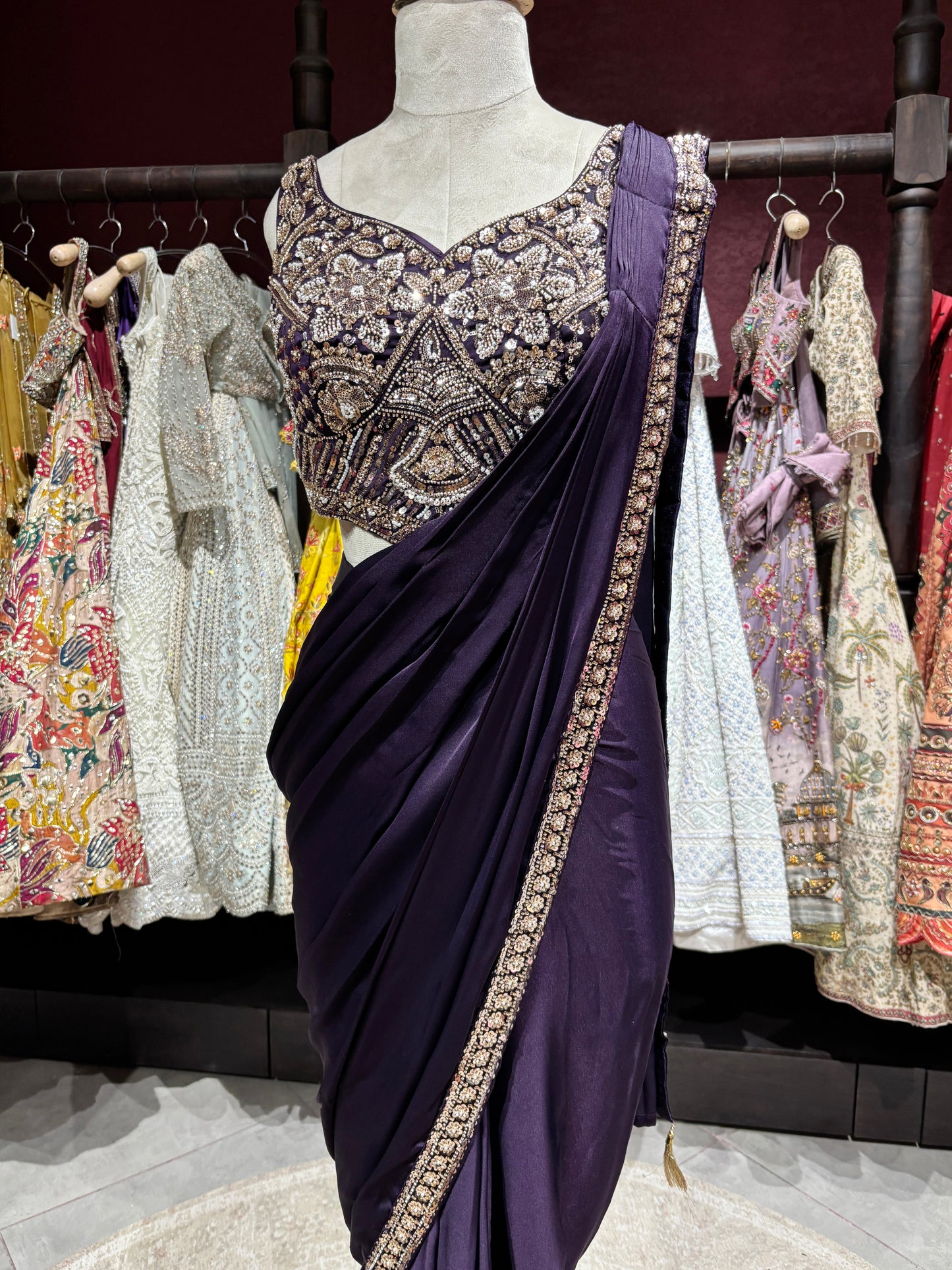 Royal Purple Designer Drape Saree with Hand-Embellished Sequin Blouse