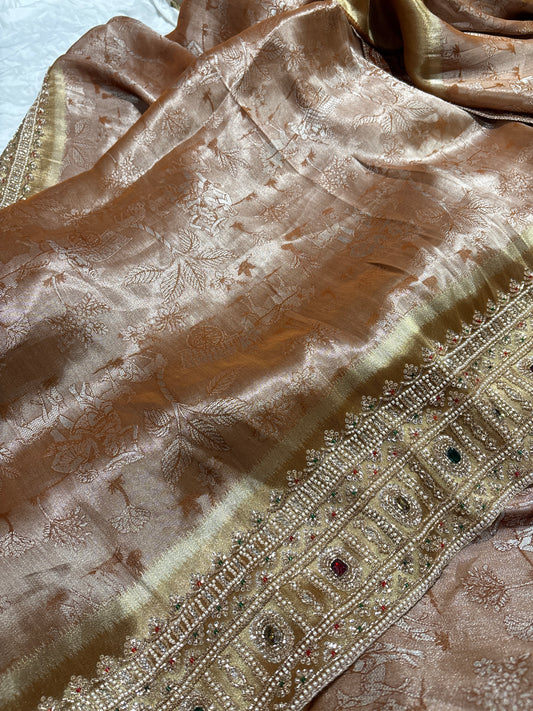 Premium Brown Silk Saree with Heavy Pearl & Stone Embroidered Border