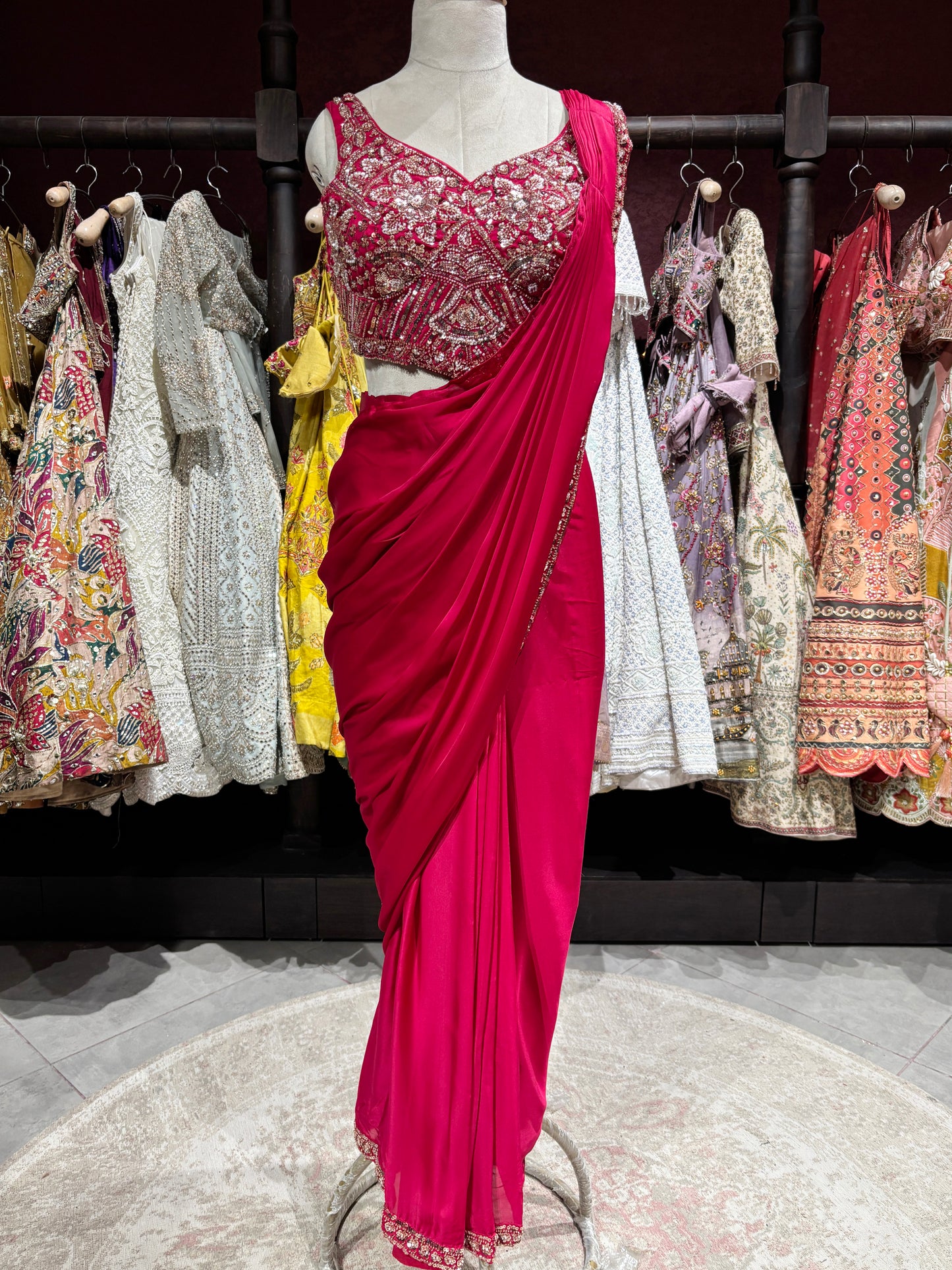 Hot Pink Designer Drape Saree with Heavily Embellished Crystal Work Blouse